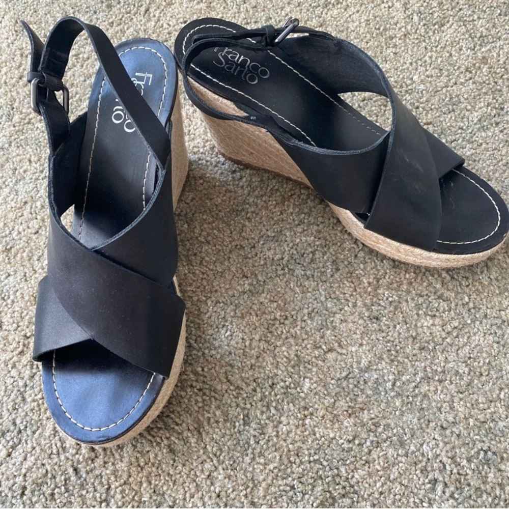 Franco Sarto Black Leather MOJO Wedge Thick Strap Sandals Size 9 Women’s